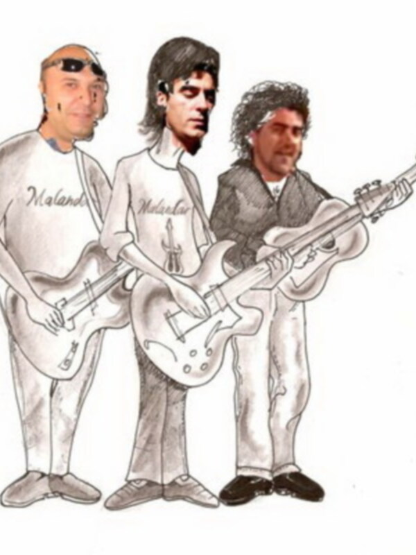 Dibujo caricaturesco de tres músicos tocando guitarra. El primero lleva una camiseta con el nombre "Malandés" y un parche en la frente. El segundo tiene una camiseta con "Malandés" y un corte en la barbilla. El tercero sostiene una batería.