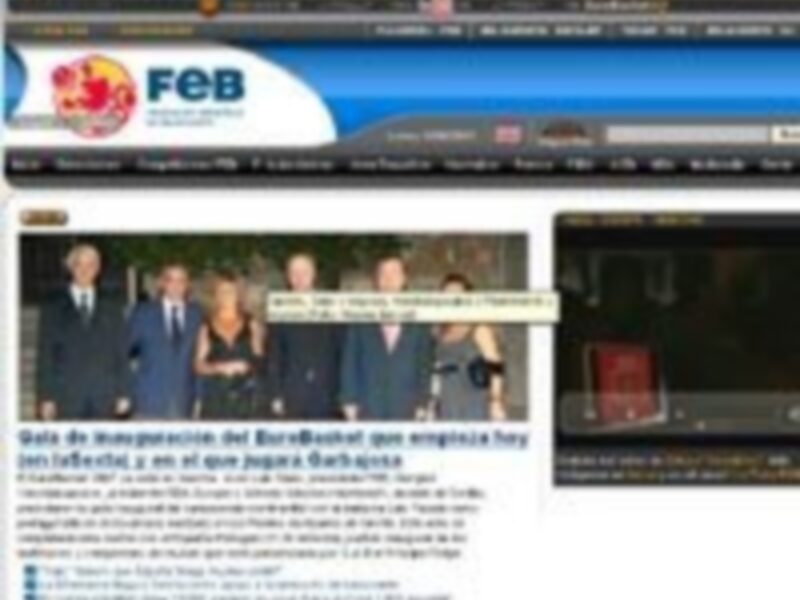 Noticia en línea sobre el FEB (Federación Europea de Baloncesto), con una imagen de un equipo de baloncesto en el centro y una sección de noticias en la parte inferior.