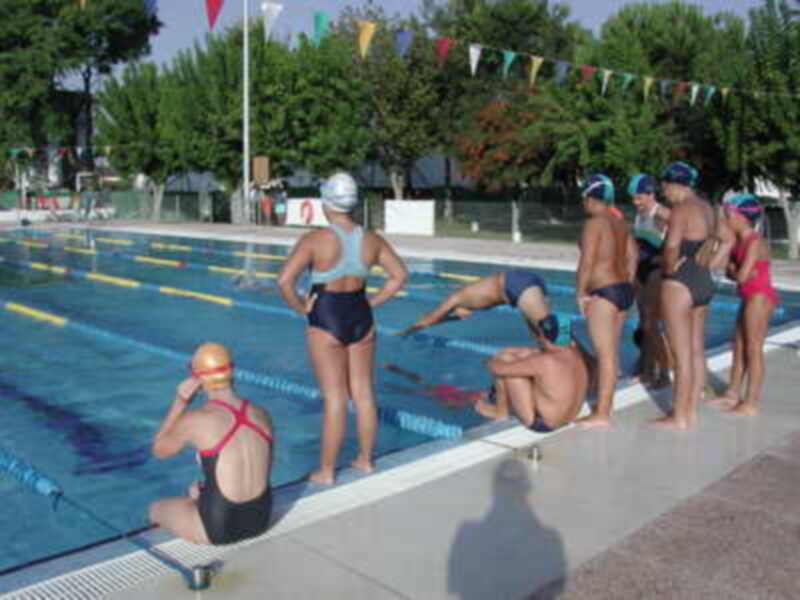 Una escena en una piscina con personas listas para nadar. Algunos están en la línea de salida, mientras otros observan o esperan su turno. La piscina está rodeada por árboles y banderas de colores.