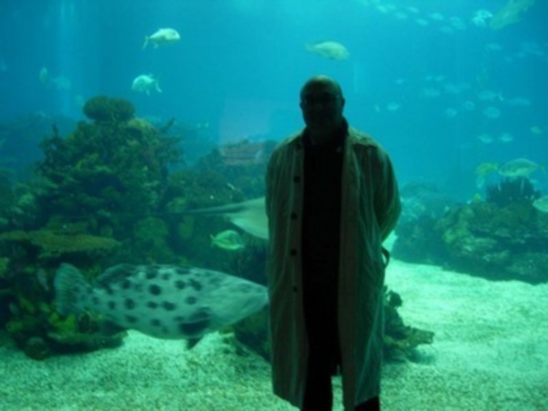 Un hombre posa frente a un acuario con peces y corales.