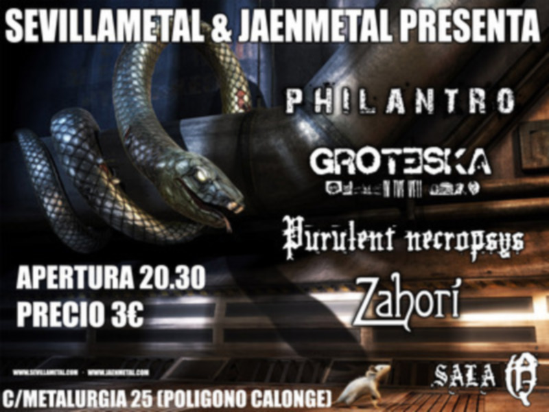 Concierto de SEVILLAMETAL & JAENMETAL en Salle Zahori, con entrada a las 20:30, precio 3€. Imagen con serpiente y texto en español.