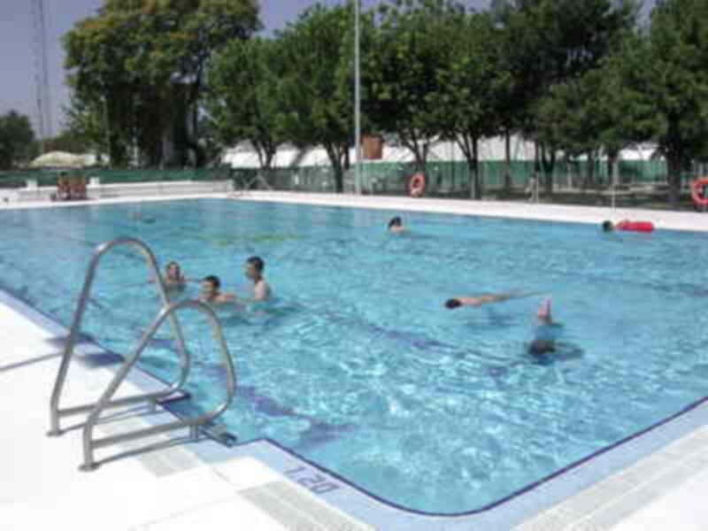 Piscina con personas nadando, barandilla de acero inoxidable, sombrillas y árboles al fondo.