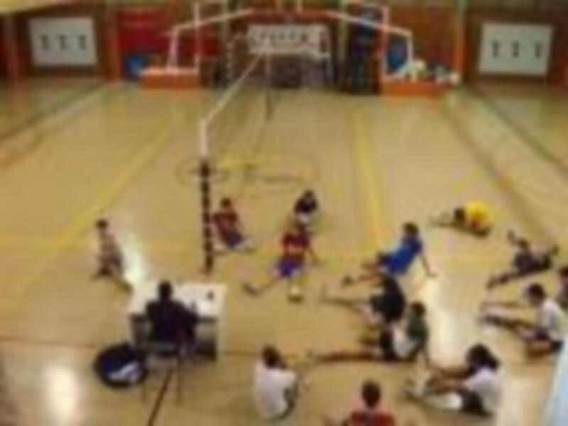 Un gimnasio con niños jugando voleibol en una cancha de césped artificial. Algunos están sentados en el borde del campo, mientras otros se preparan para un juego. La iluminación es natural y la atmósfera es activa y dinámica.