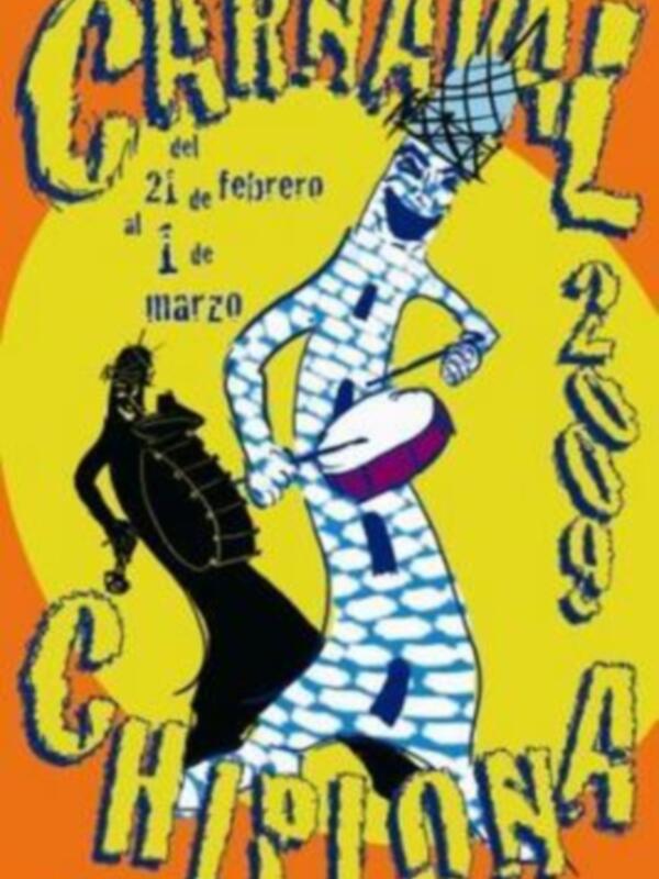 Cartel de carnaval con personajes de disfraces y texto en español.