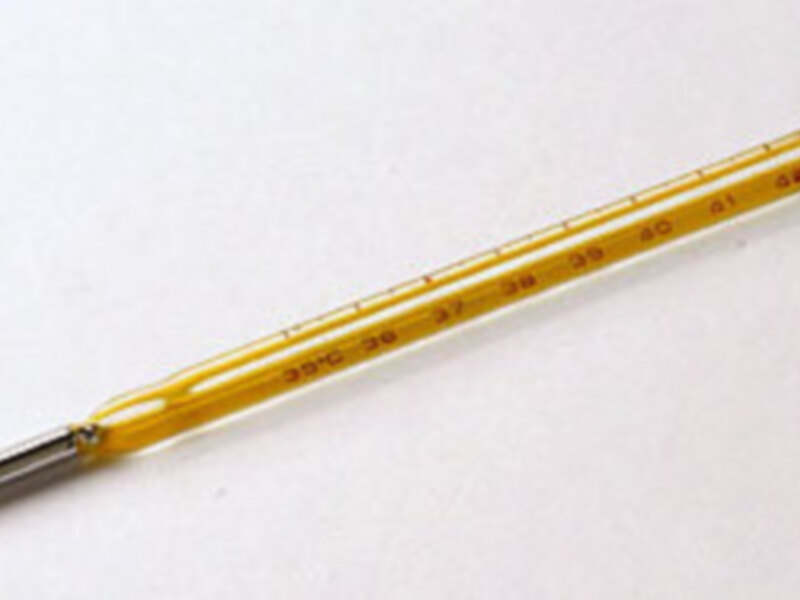 Un termómetro de cuello amarillo con graduaciones en grados Celsius y Fahrenheit, mostrando una lectura de 37.5°C.