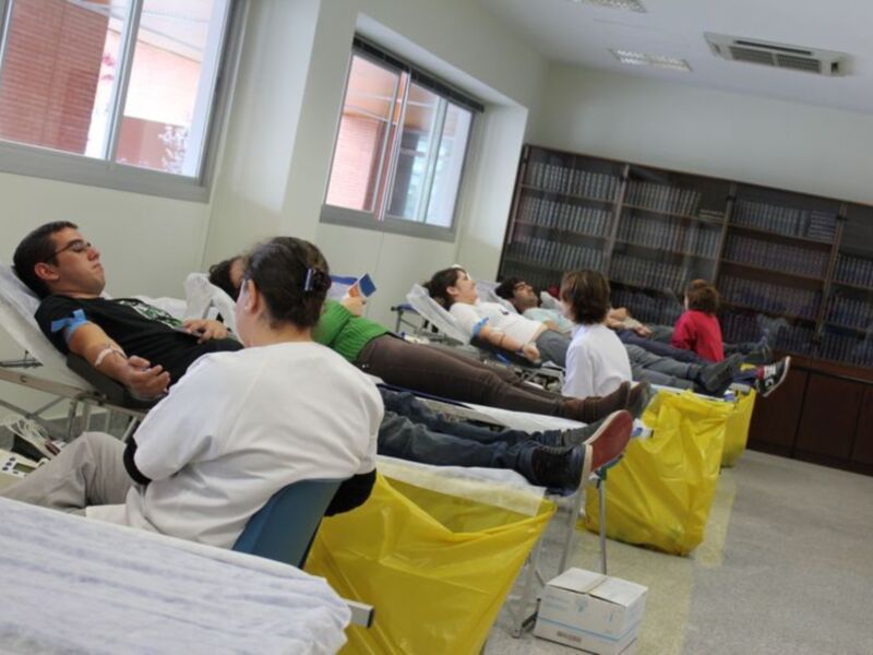 Un grupo de personas descansando en sillones, con una persona leyendo un libro. La habitación tiene estanterías llenas de libros y ventanas con persianas.