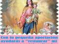 A una Virgen María con un niño en sus brazos, rodeada de ángeles y un escudo. La frase en la imagen dice: "Con tu pequeña aportación ayudarás a 'restaurar' mi paso para seguir saliendo bendiciendo a tod@s por las calles de SEVILLA."