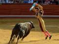 Un torero en acción durante una corrida de toros, mostrando habilidad y bravura frente al toro en el ruedo.