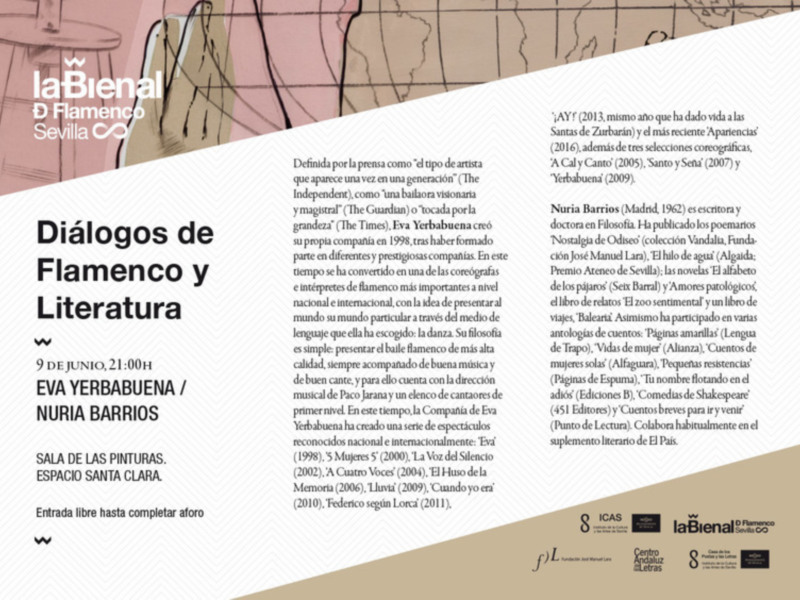 Eva Yerbabuena y Nuria Barrios presentan Diálogos de Flamenco y Literatura en la Bienal de Flamenco Sevilla. Conferencia el 9 de junio, 21:00h en la Sala de Las Pinturas. Entrada libre con aforo.