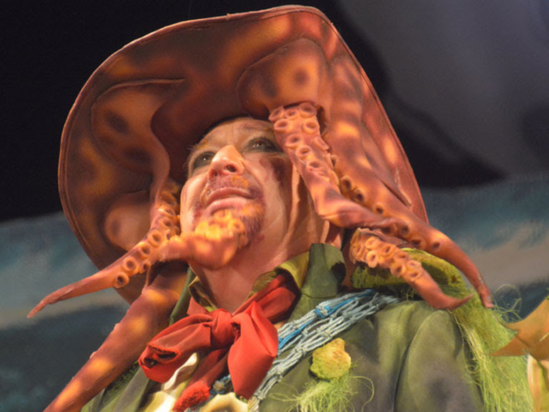 Un personaje con una capucha de pulpo roja y un traje verde, con una corbata roja y detalles en verde. El fondo es oscuro con un elemento que parece ser una montaña o un cielo nocturno.