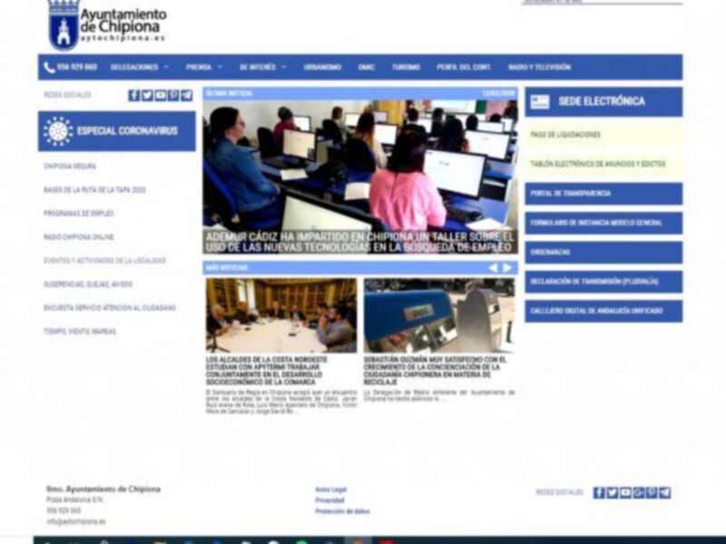 Página web del Ayuntamiento de Chipiona con secciones como Especial Coronavirus, Servicios, Eventos y Actividades de la Localidad, y más.