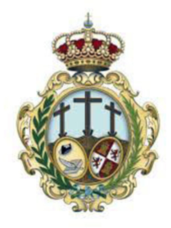 Escudo de armas con corona real, cruces y elementos heráldicos en un diseño ornamental.