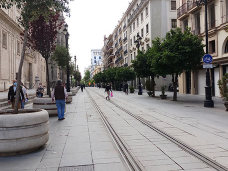 Calles de la ciudad con edificios antiguos y modernos, gente caminando y plantas en macetas.