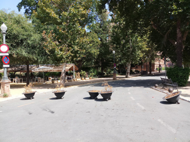 Patio con mesas y sillas, árboles frondosos y farolas.