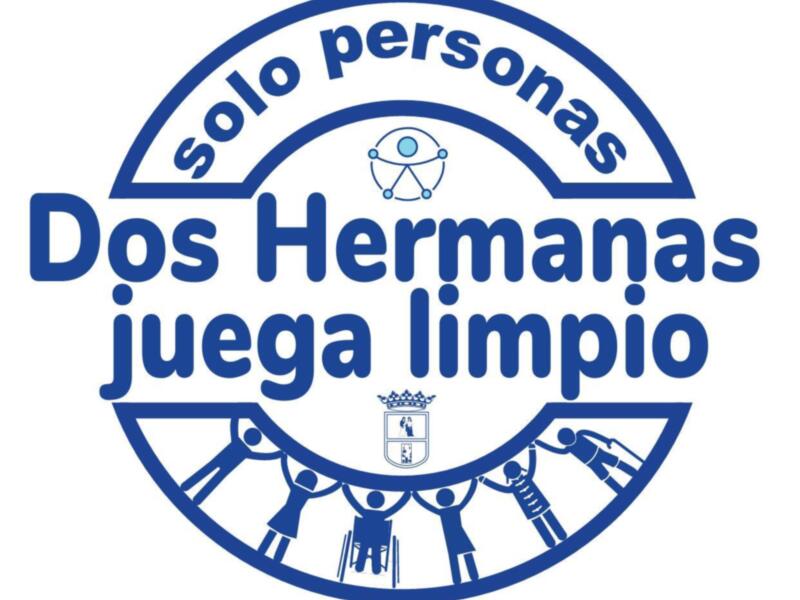 Logotipo de "Dos Hermanas" con el lema "solo personas". Imagen muestra un símbolo de dos figuras sosteniendo una corona, representando la unidad y el apoyo mutuo.