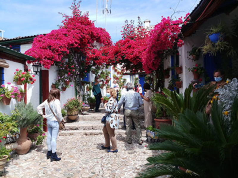 Imagen de una calle adoquinada con flores coloridas y casas blancas. Personas caminando y disfrutando del entorno.