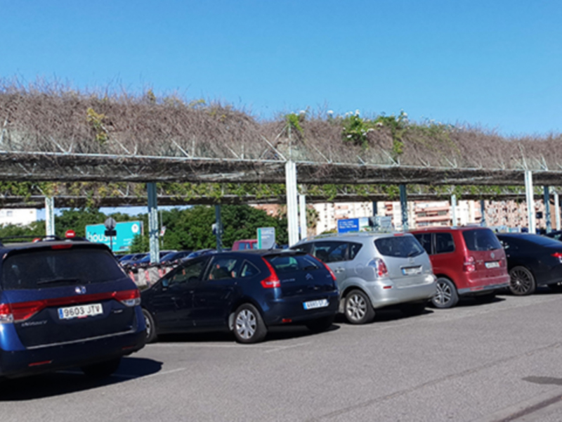 Vista de un aparcamiento con varios coches estacionados, incluyendo una camioneta azul, un sedán negro y otros vehículos. Al fondo se observa un muro de contención con vegetación, bajo un cielo claro.