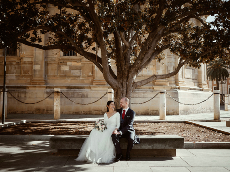 Una pareja de recién casados se abraza mientras posan frente a un edificio histórico con un gran árbol en el centro. La imagen transmite una atmósfera romántica y tranquila, destacando la belleza de su vestimenta y el entorno.