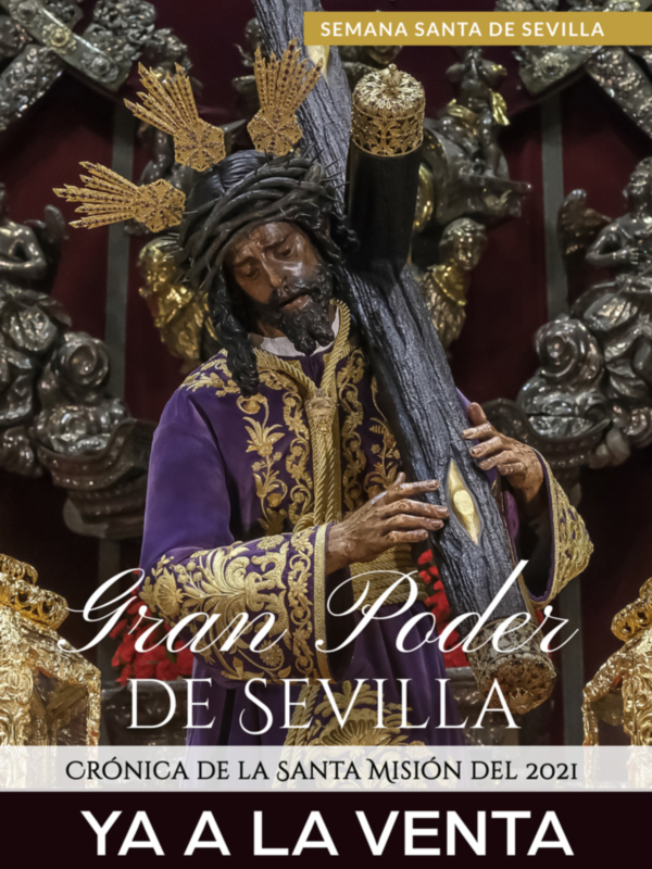 Imagen de la Semana Santa de Sevilla, destacando una imagen de Jesús Nazareno en trono, con vestimentas moradas y detalles dorados, representando la Pasión de Cristo.
