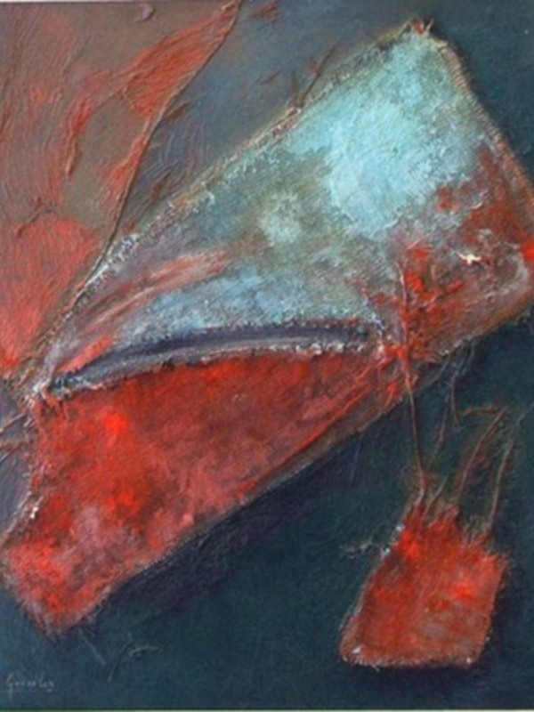 Un lienzo abstracto con formas rojas y azules en tonos suaves.