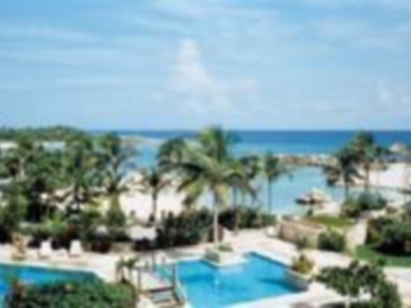 Elegante complejo hotelero con piscina, palmeras y vista al mar en un entorno tropical.