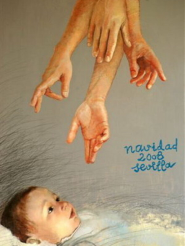 Manos extendidas sobre un bebé, con texto "navidad 2008 sevilla".
