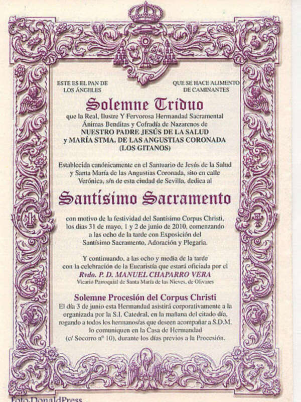 Solemne Triduo al Santísimo Sacramento en la Hdad. Sacramental Los Gitanos de Sevilla, el próximo lunes 31 de mayo comienza.