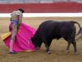 Un torero en el centro de la plaza de toros, con un toro en el fondo. El torero lleva una capa de color rosa y un chaleco de cuero con detalles dorados. El toro es negro y se encuentra en el centro de la plaza, mirando al torero.