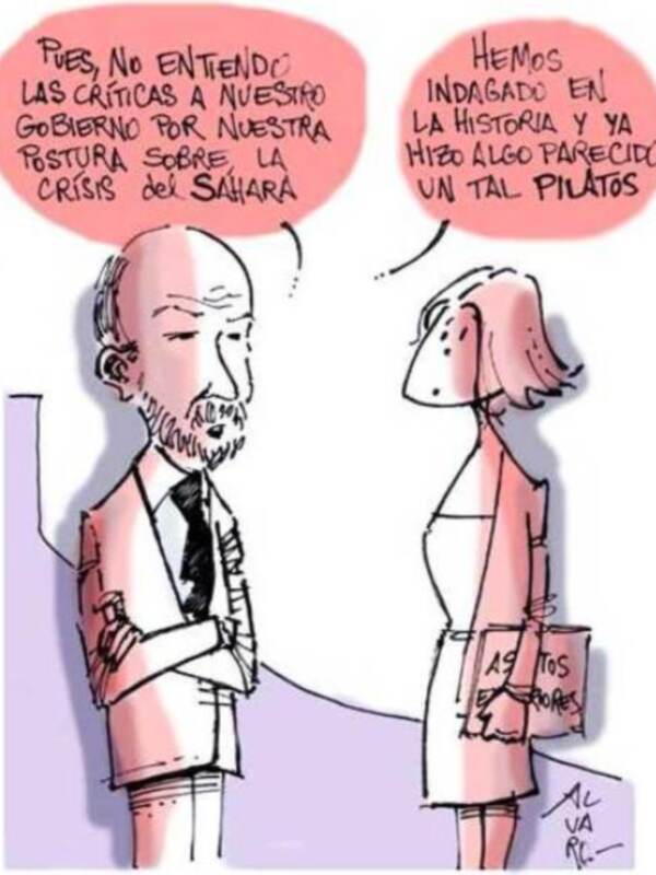 Un dibujo humorístico que muestra a una persona hablando a otra, con un tono crítico sobre la crisis del Sahara.