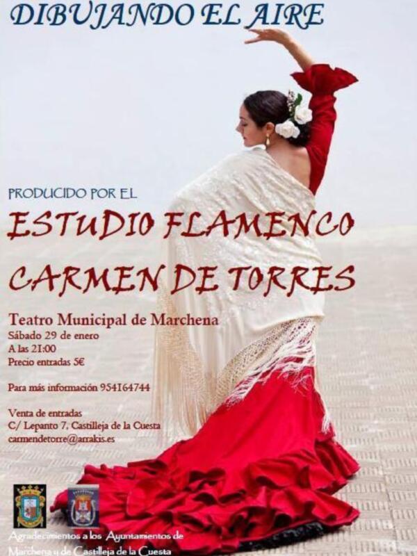Dibujando el aire, producido por el Estudio Flamenco Carmen de Torres. Teatro Municipal de Marchena, sábado 29 de enero a las 21:00. Precio entradas 3€. Para más información, llamada al 954164744.