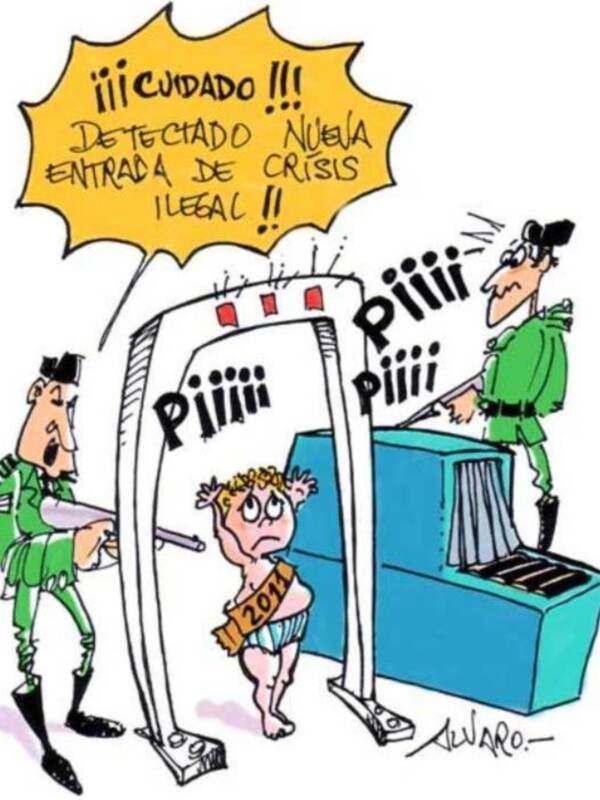 Un niño con un cartel de '2011' es inspeccionado por un policía en un detector de metales, con el mensaje '¡¡¡CUIDADO!!! DETECCIÓN DE CRISIS ILEGAL' en el fondo.