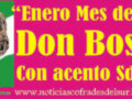 Busto de Don Bosco en un fondo verde y rosa, con texto que anuncia "Enero Mes de Don Bosco: Con acento SdB".