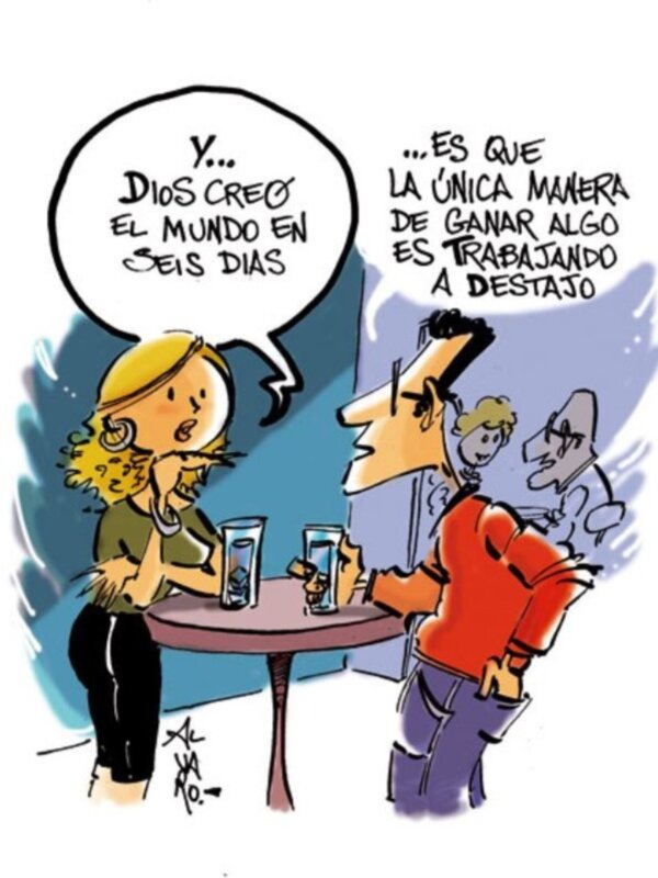 Una ilustración humorística muestra a una persona explicando algo a otra, con un tono de ironía en la expresión facial y el gesto.