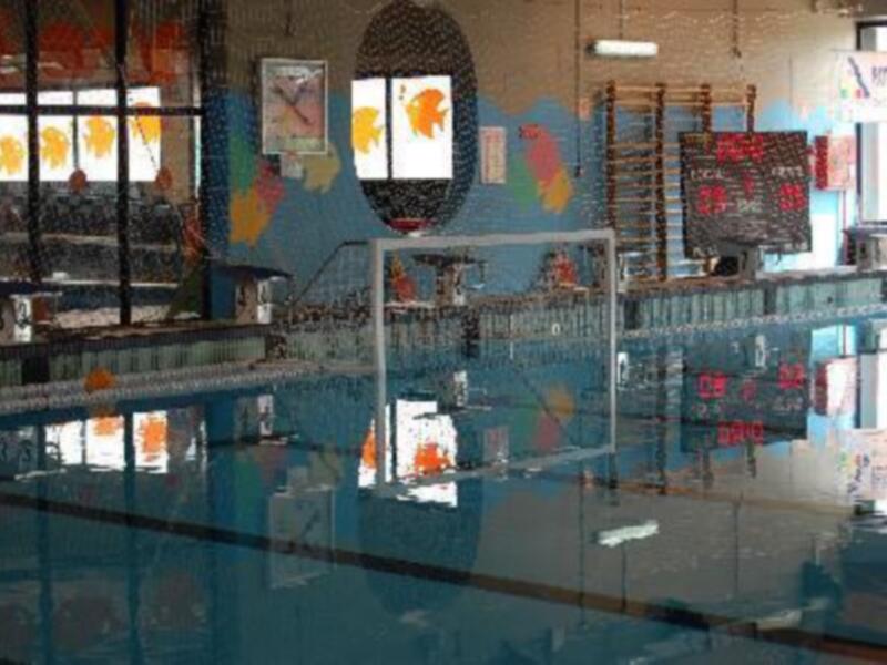 Piscina con natación, torres de saltos y relojes digitales en la pared.