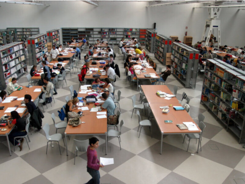 Librerías y mesas de trabajo en un gran espacio abierto, con estudiantes concentrados en sus tareas.