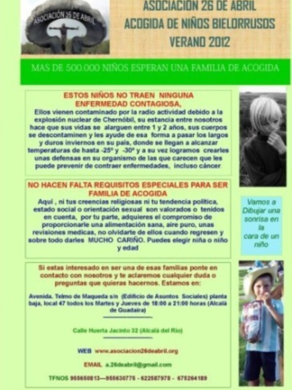 Asociación 26 de Abril busca acoger a niños bielorrusos. Más de 500,000 esperan una familia de acogida. No se requieren requisitos especiales para ser familia de acogida. Estos niños no traen ninguna enfermedad contagiosa y están en contacto con nosotros desde hace 1-2 años. Están buscando un hogar donde puedan aprender a convivir y prevenir enfermedades.