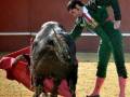 Un torero en traje tradicional de color verde y rosa, con un capote rojo, lucha contra un toro negro en una plaza de toros.