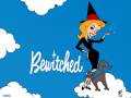 A una bruja de la serie "Bewitched" con un gato negro en el cielo azul y nubes blancas. La bruja está sosteniendo un destello de magia en su mano derecha, y el nombre de la serie se encuentra debajo de ella.