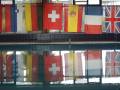 Banderas de diferentes países colgadas sobre una piscina, reflejadas en el agua.