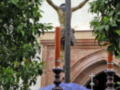 Cruz con crucificado en un pedestal de flores azules, rodeado por árboles y una estructura de ladrillo.