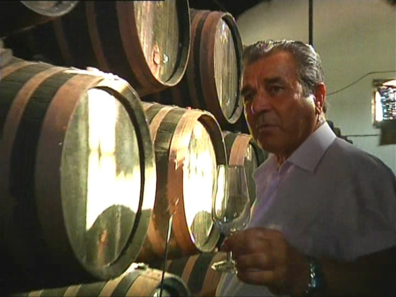 Un hombre sostiene un vaso de vino junto a barriles de madera en una bodega.