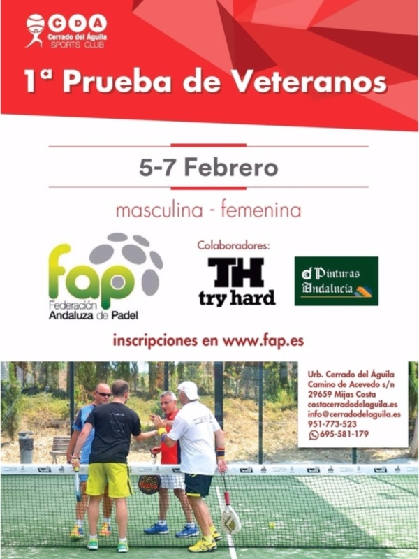 1ª Prueba de Veteranos en el Club de Atletismo CDA. 5-7 Febrero, masculina y femenina. Colaboradores: FAP, TH, d'Pinturas Andalucía. Inscripciones en www.fap.es