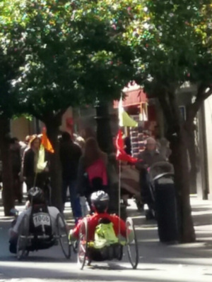 Person riding a recumbent bicycle in a street event, with trees and flags in the background.