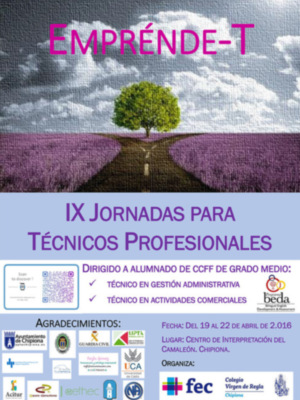 IX Jornadas para Técnicos Profesionales en Gestión Administrativa y Actividades Comerciales. Dirigido a alumnado de CCOFF Grado Medio. Organiza: Colegio de Regla, FEC y Guardapie. Agradecimientos a diversas instituciones.