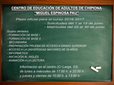 El Centro de Educación de Adultos  de Chipiona abre el día 1 de junio el plazo de solicitudes para el curso 2016-2017