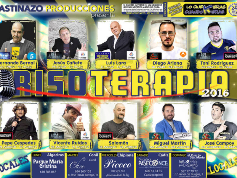 Desde el 27 de Junio al 4 de Septiembre, BASTINAZO PRODUCCIONES  ofrece un circuito de cómicos en la provincia de Cádiz denominado Risoterapia.