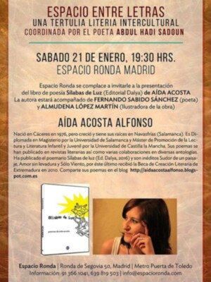 "SÍLABAS DE LUZ" de Aída Acosta se presentará en MAdrid este sábado a las 19.30 horas
