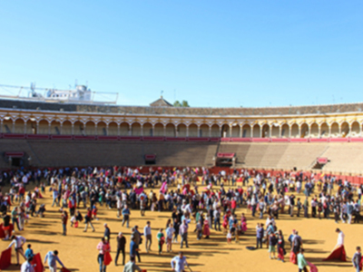 Plaza de Toros de Sevilla, España, con multitud de visitantes disfrutando del ambiente festivo bajo el sol brillante.