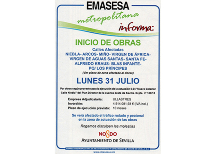 El 31 de Julio comienza la obra de EMASESA en Los Remedios