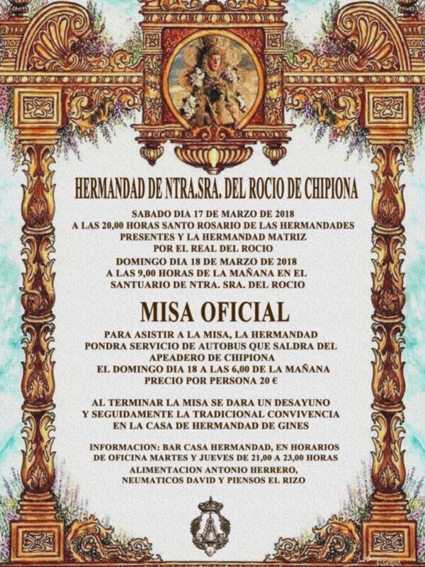 La Hermandad del Rocío de Chipiona hace coincidir este año la peregrinación de San Jose y la Misa Oficial en la aldea